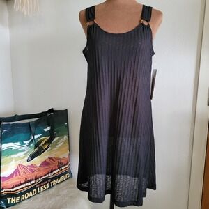 Portocruz Black Ribbed Knit Swim Cover Up Dress Ring Detail Mini NWT